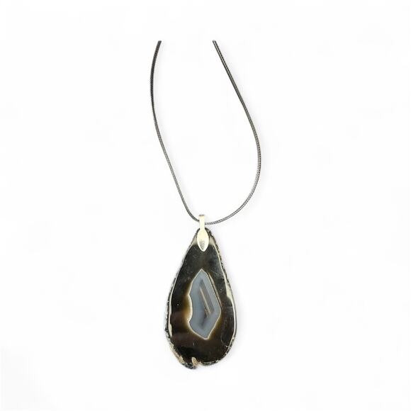 Black Polished Agate Slice Necklace ~ Stone Pendant - Picture 3 of 3